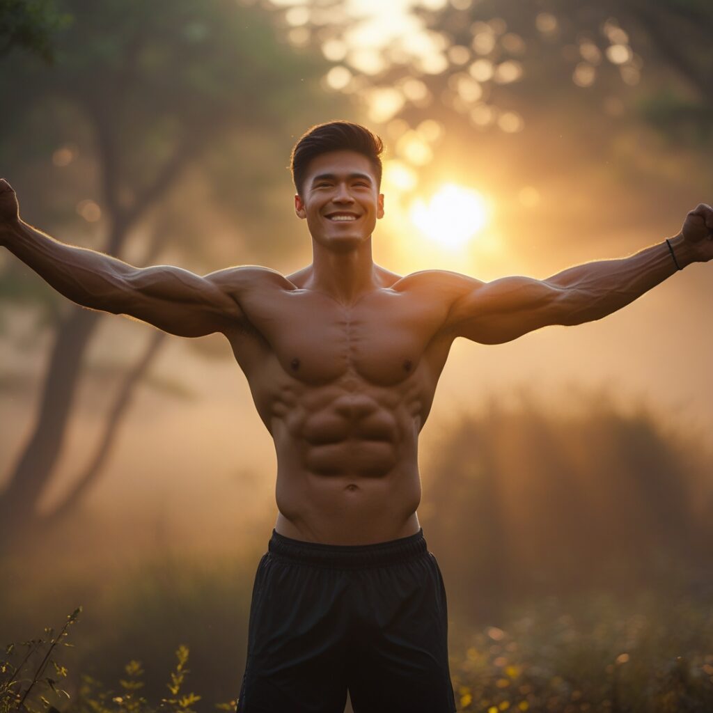 Confident young man standing in sunrise light, arms stretched, looking energized and motivated, symbolizing success after a NoFap challenge – cinematic lighting, nature background