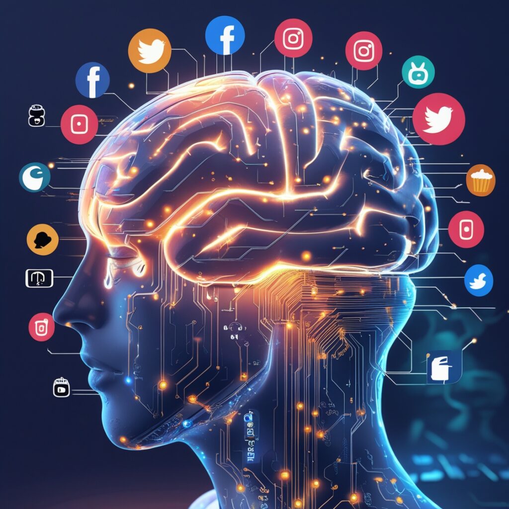 "Futuristic glowing brain with neural circuits surrounded by icons of social media, gaming, fast food, and smartphones, symbolizing dopamine overload and digital addiction."