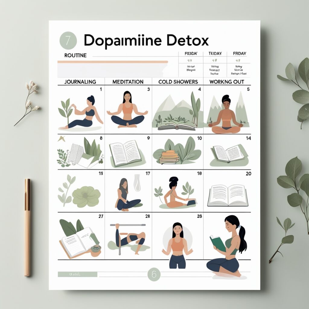 Minimalist 7-day dopamine detox routine infographic showing habits like journaling, meditation, nature walks, cold showers, reading, and working out in a clean, calm design