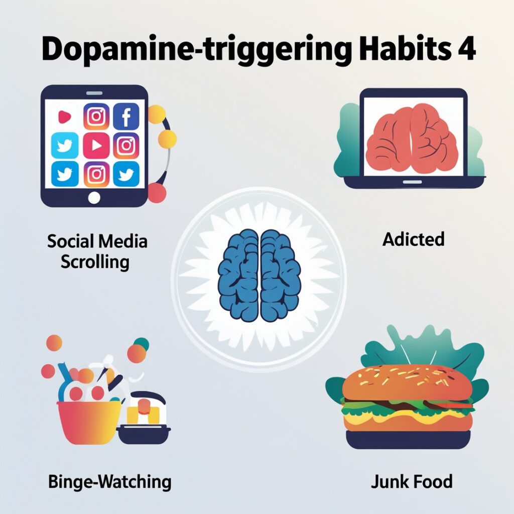 “Infographic showing 4 dopamine-triggering habits: social media scrolling, porn, binge-watching, and junk food with brain icon in the center.”