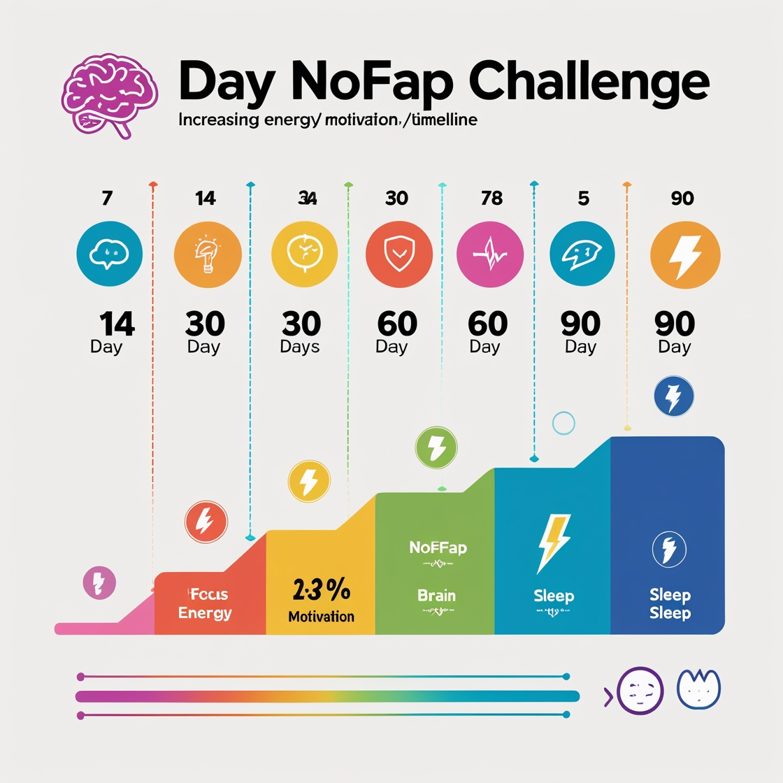 Infographic showing NoFap challenge timeline at 7, 14, 30, 60, and 90 days with increasing levels of energy, focus, motivation, and sleep quality — includes colorful progress bars and icons for brain function, lightning bolt energy, and sleep improvement