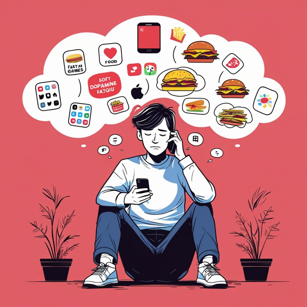 Illustration of a tired, distracted person holding a phone, surrounded by thought bubbles showing apps, fast food, and games, representing dopamine fatigue and mental overload with soft red warning tones