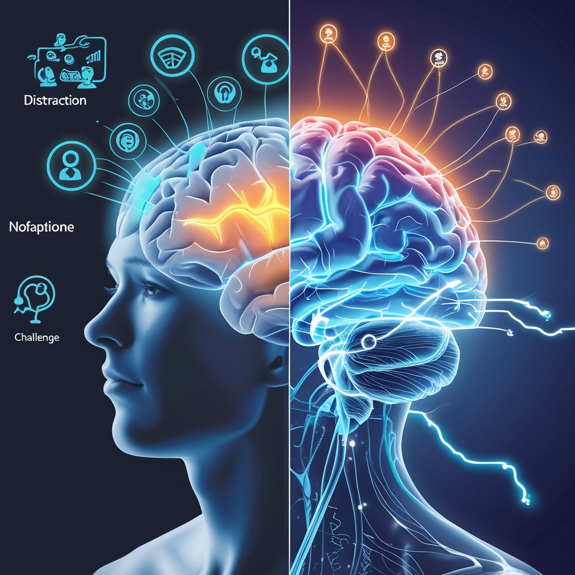 Illustration of brain before and after NoFap challenge showing dopamine reset — left side foggy with distractions like phone, video games, and junk food; right side clear with glowing brain pathways and increased energy flow