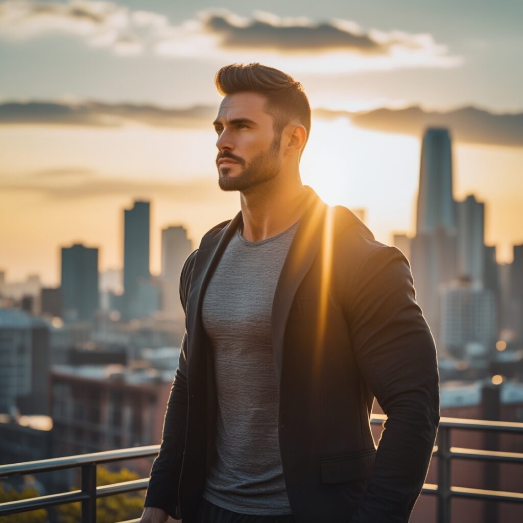 Confident young man standing in early morning sunlight with a focused expression, city skyline behind him, symbolizing self-discipline, clarity, and energy during NoFap challenge.